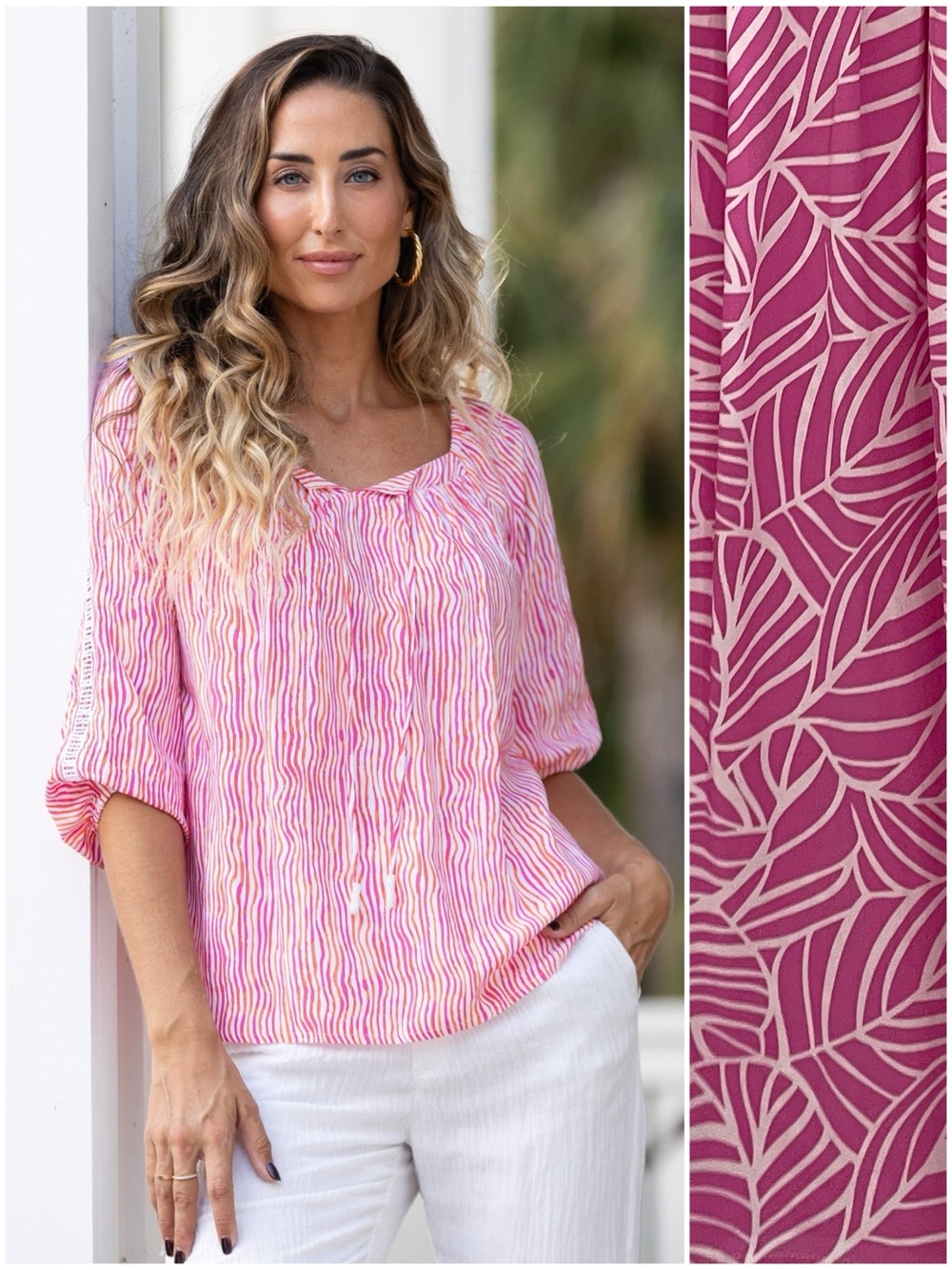 NEW Walker & Wade Peasant Top Magenta Pink Leaf Print Luxury Resortwear NWT 24